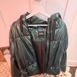 Zara Shiny Emerald Puffer Coat